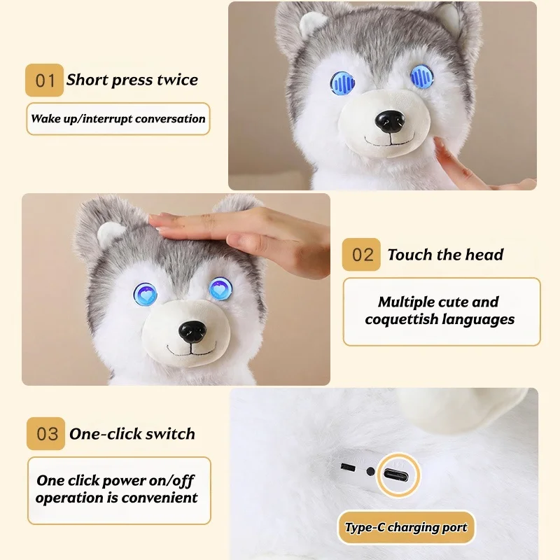 Interactive AI Intelligent Husky Plush Doll Talking Robot Dog Toy Glowing Emotional Eyes Smart Companion Stuffed Animal Toy Gift