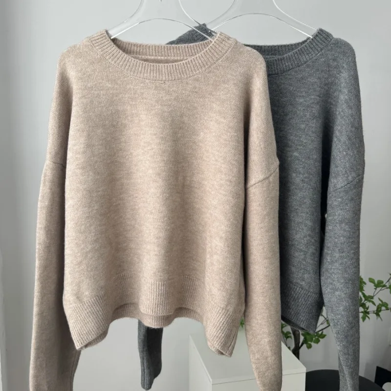 베이직 O넥 기본 소매 스웨터 여성 2025 오버사이즈 숏 니트 풀오버 여성 캐주얼 두꺼운 따뜻한 부드러운 탑