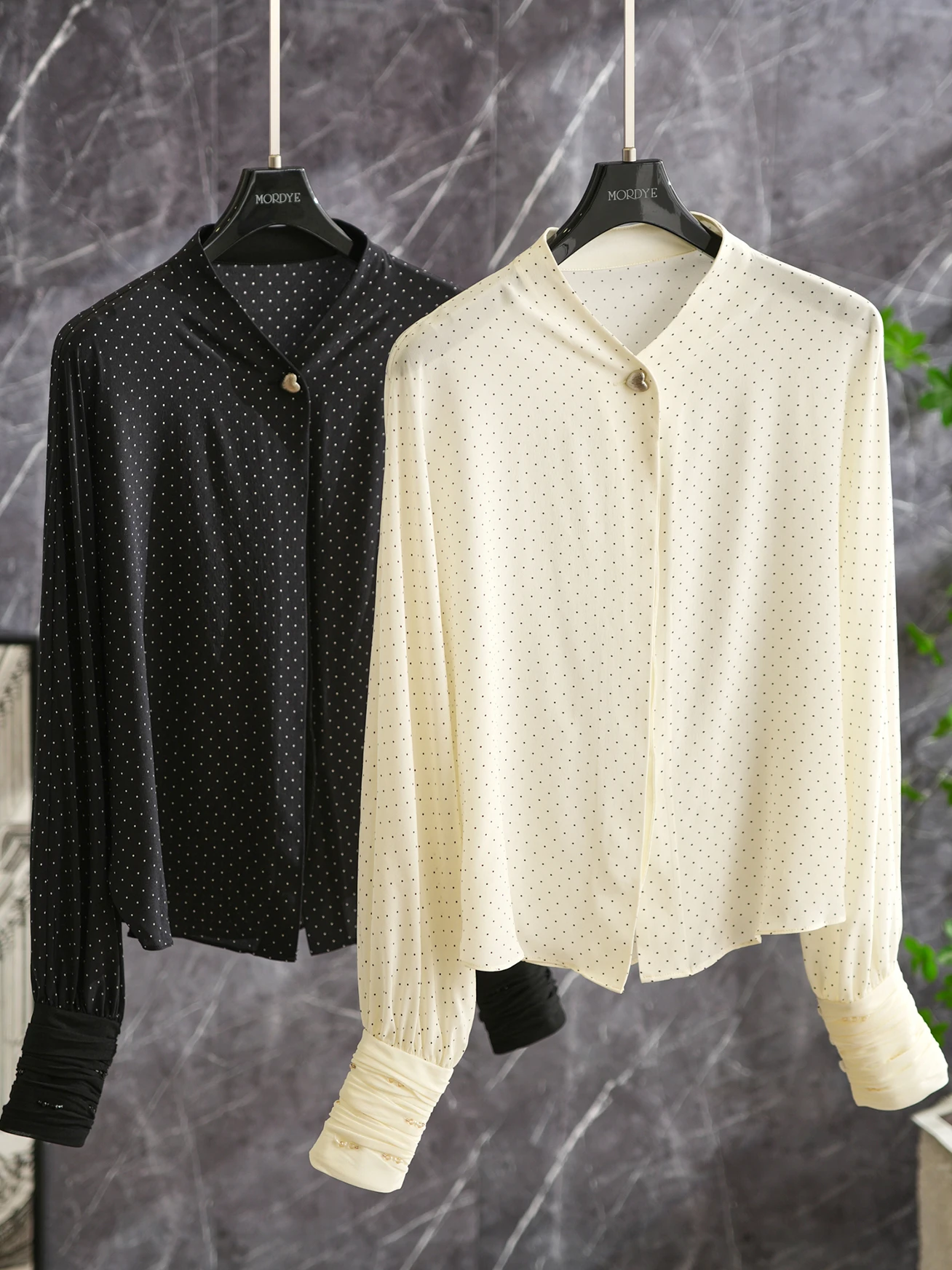 

Silk Long Sleeve Shirt V-Neck Polka Dot Loose Fit Women's Original Design Printed Thin Summer Top Skin-Friendly Breathable