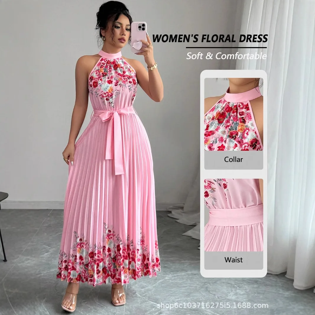 ヨーロッパ系アメリカ人女性用マキシ丈ワンピース カジュアル ノースリーブ ボヘミアン サマー レースアップ 花柄 レトロ プリーツ ロングドレス ベスティドス