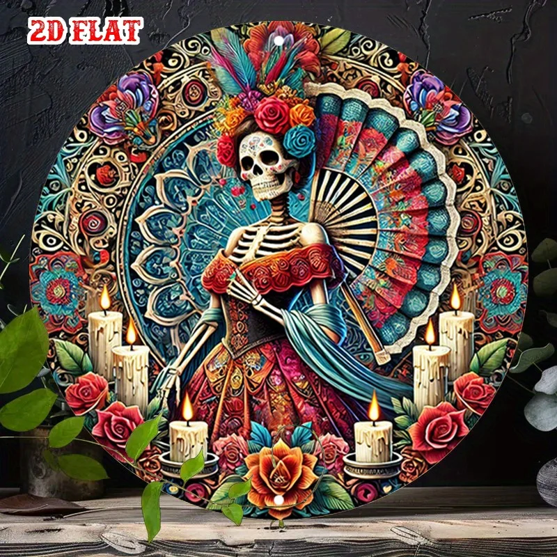 2D flach 1 Stück bunt – Blumen rundes Aluminiumschild, mexikanisch – Kultur Metallblechschild, Skelett – Figur 7,87 x 7,87 Zoll rund Aluminium