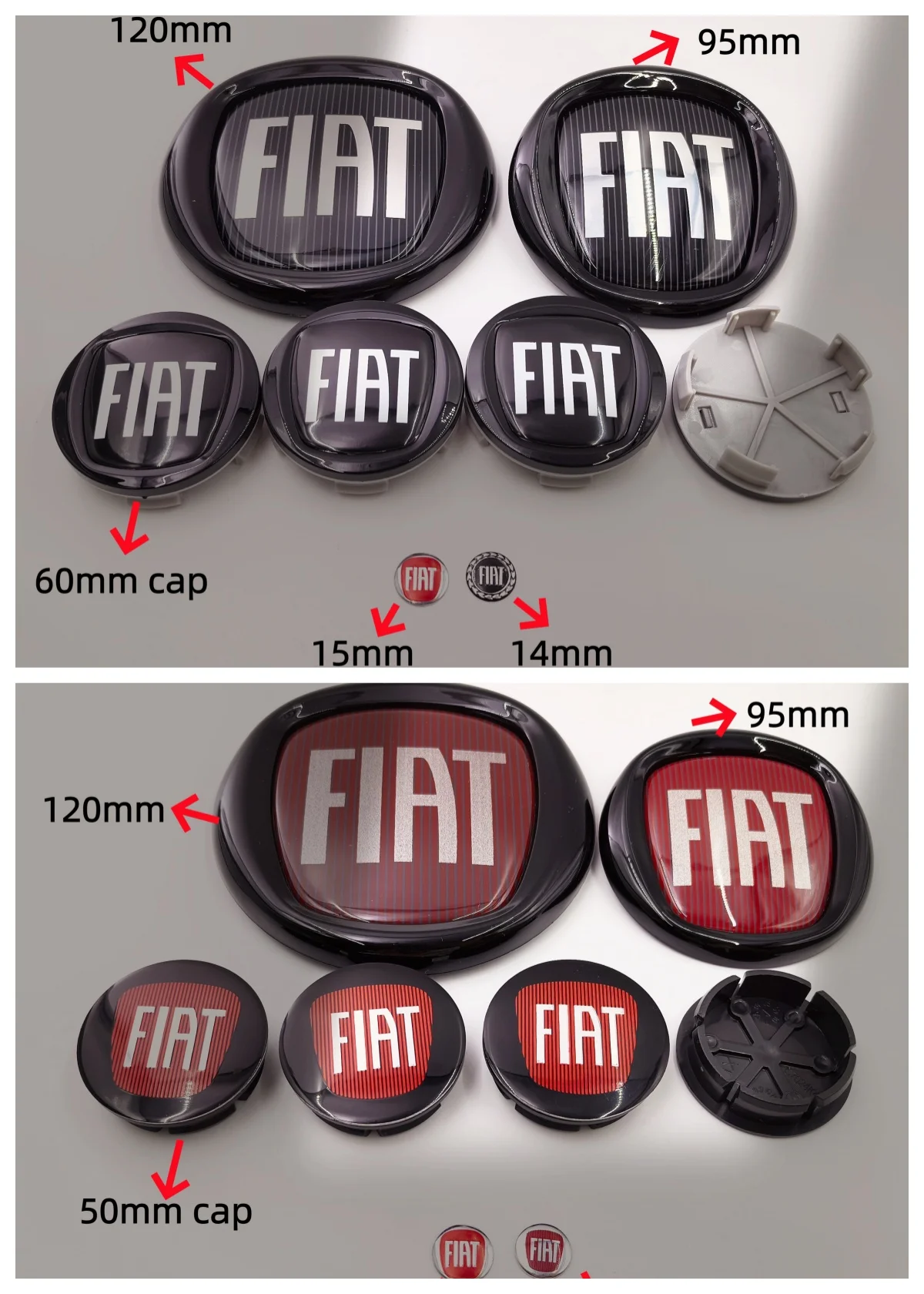 8 peças Emblema de Capô Dianteiro FIAT 500, Emblema de Porta-Malas Traseiro, Calotas de Roda 95/120mm 12cm, Calota Central de Roda 50/56/60mm 5/6cm