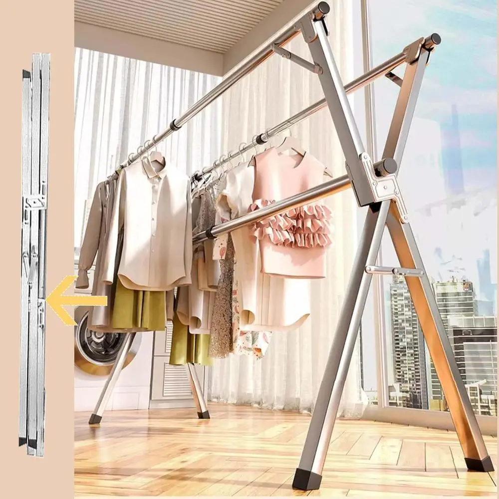 Sturdy Indoor/Outdoor Adjustable Stainless Steel Clothes Drying Rack with Removable Hanger for Balcony Use