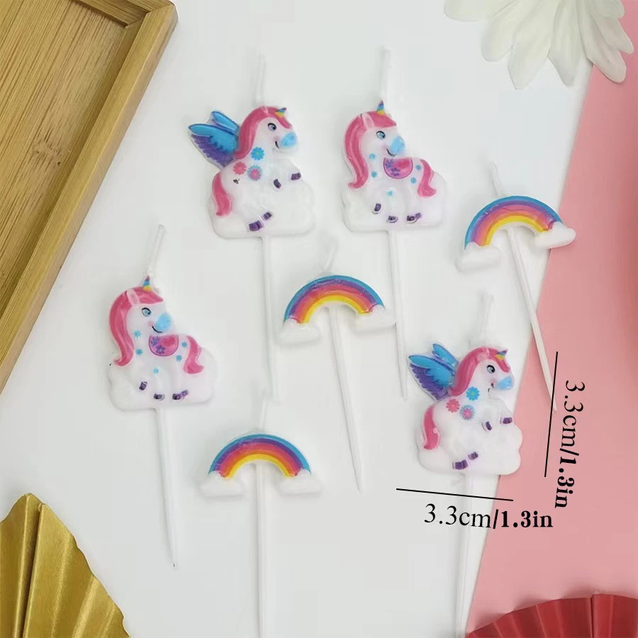 7-teiliges Set Niedliche Regenbogen-Einhorn-Kerzen, Kuchendekoration, Cartoon-Tierkerzen für Kindergeburtstage, Backdekoration – Detail 4