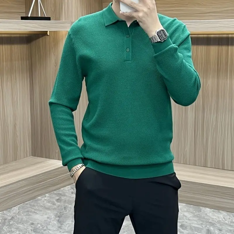 

Autumn Winter Men New Style Spliced polo Collar Button Fashion Solid Color Slim Minimalist Casual Versatile Long Sleeved Top