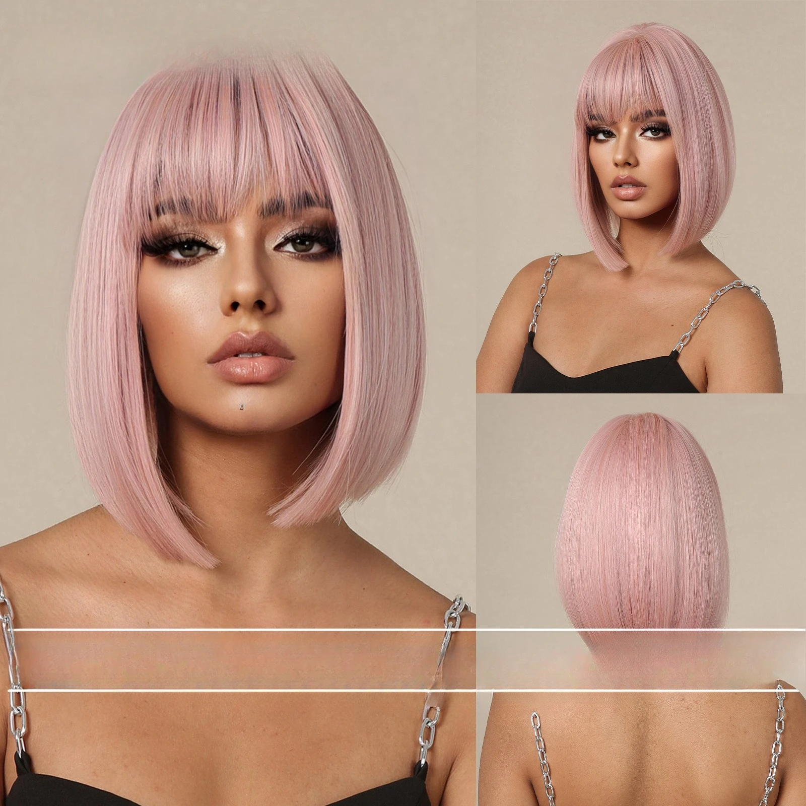 

Wig short hair female Qi bangs cherry blossom powder straight hair Bobo head high cranial top temperament European and American