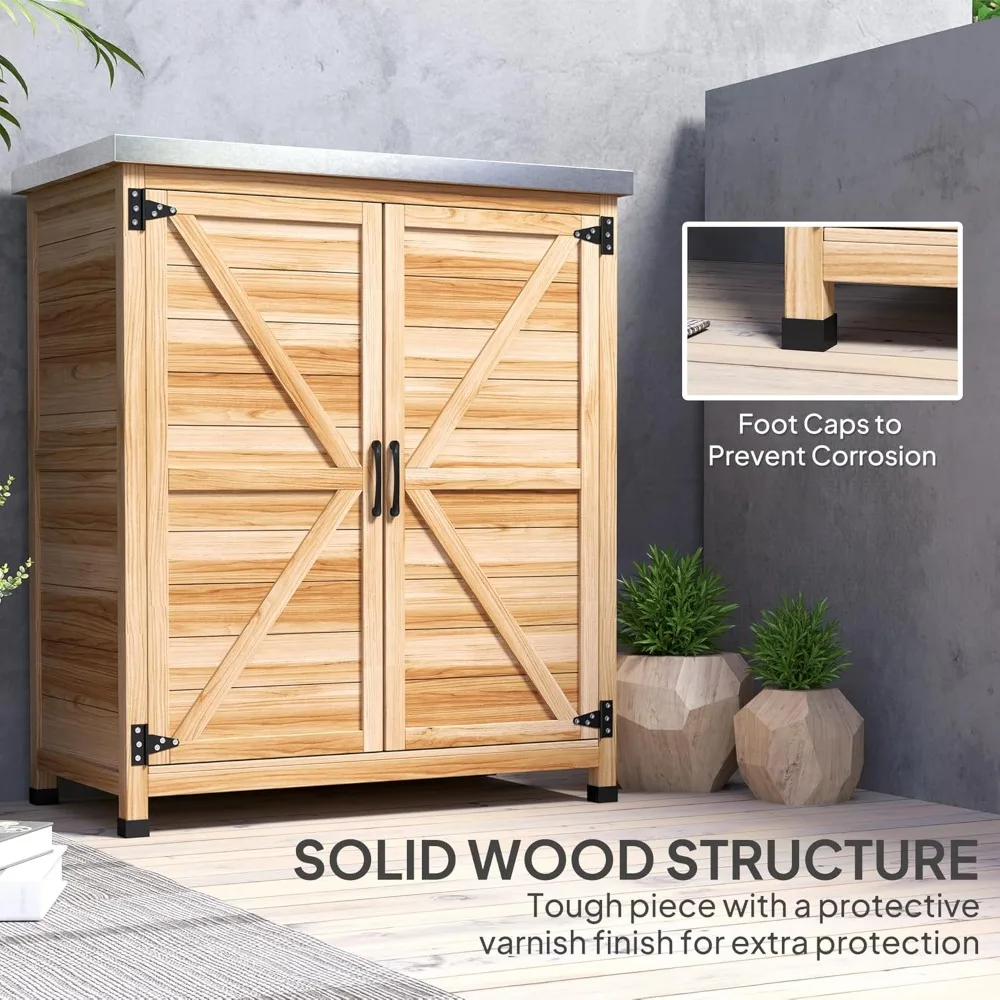 Armário de armazenamento ao ar livre, caixa de armazenamento de ferramentas de madeira com tampo e prateleira de metal, mesa de banco de envasamento com portas duplas