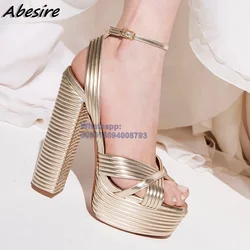 Abesire Peep Toe Platform Sandals Gold Silver Mixed Color Buckle Chunky High Heels Summer Women Shoes On Heels Fashion Sandals