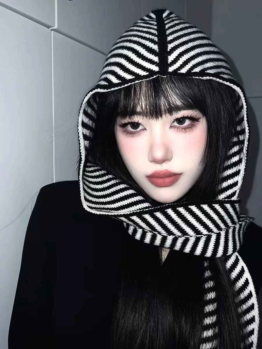 Winter Knitted Hat with Scarf Women Korean Version of Striped Scarf Hat Female Retro Warm Shawl Neck Wool Knit Hat Hooded