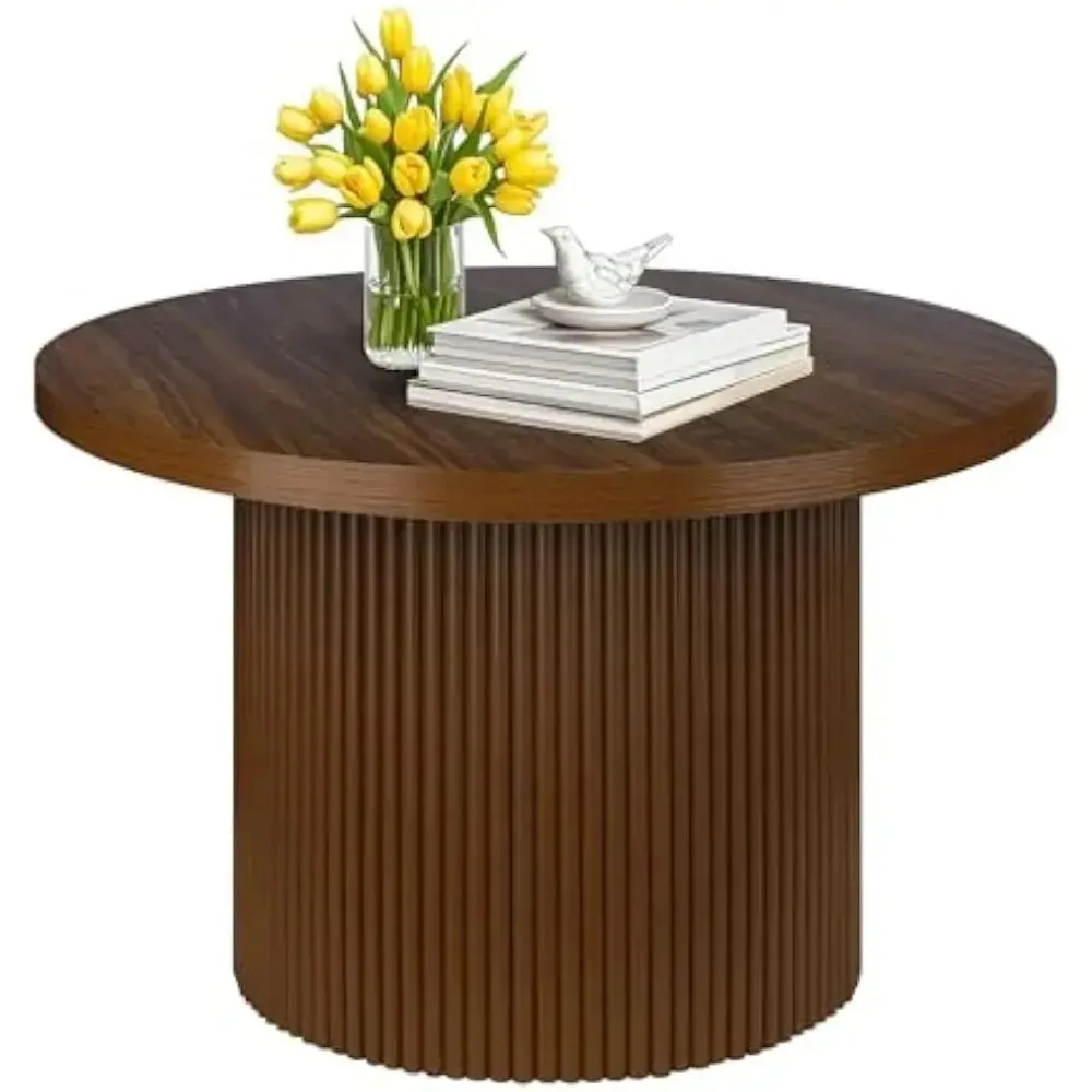 

Круглый 31,5-дюймовый уникальный рифленый журнальный столик, маленький чайный столик из коричневого дерева, современный круглый столик в стиле бохо середины века в деревенском стиле для гостиной