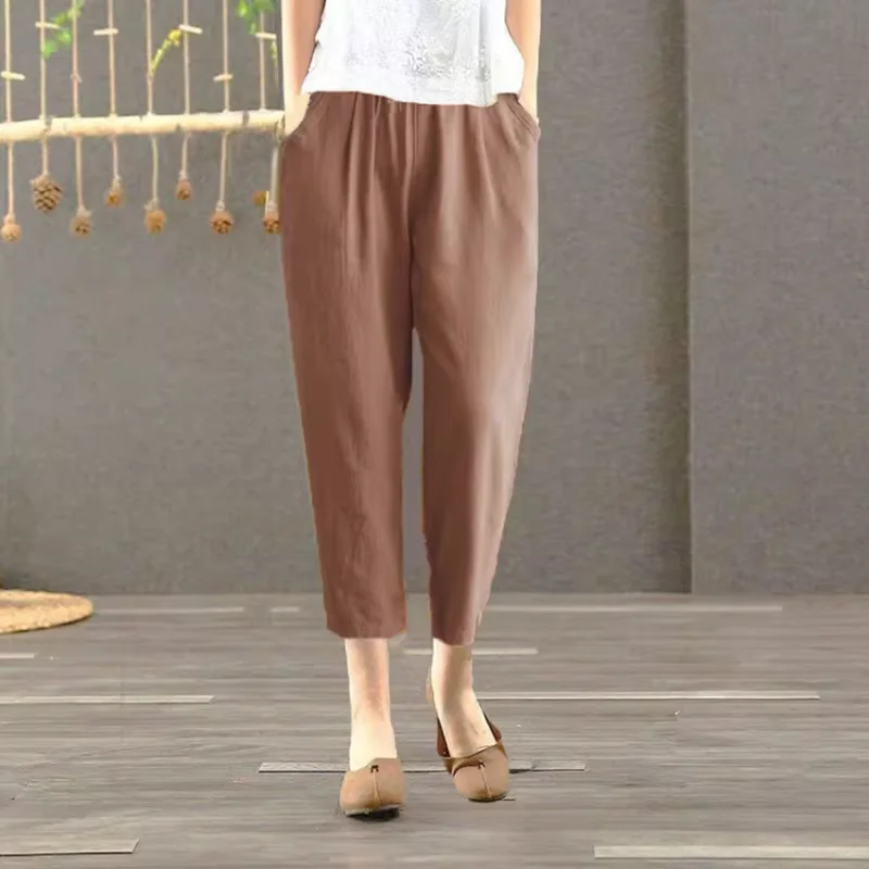 Pure Cotton Linen Harlan Casual Pants Printed Loose Nine Points Thin Mom Pants Large Size High Waist Korean Style Thin