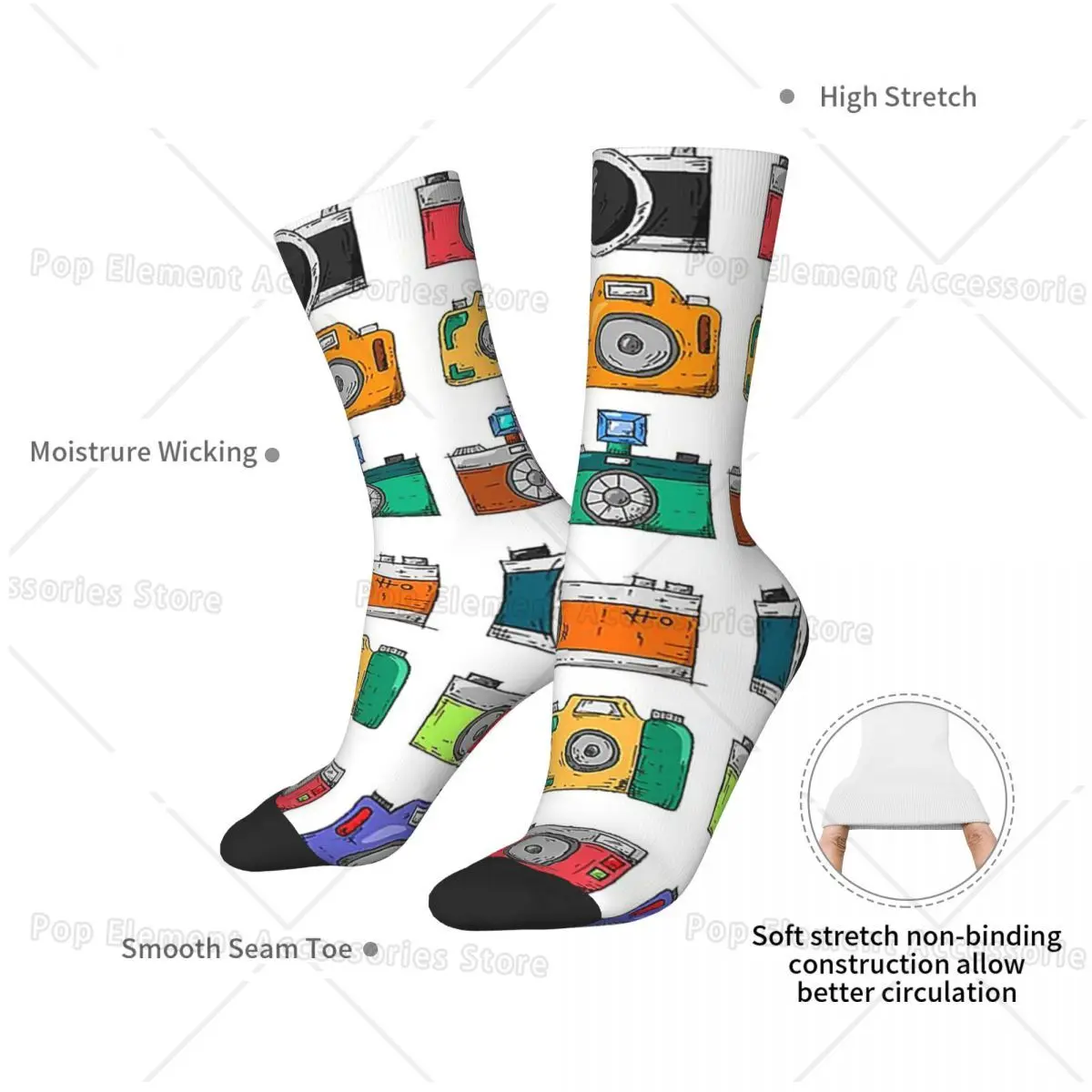 Retro Camera Socks Harajuku Sweat Absorbing Stockings All Season Long Socks Accessories for Unisex Birthday Present