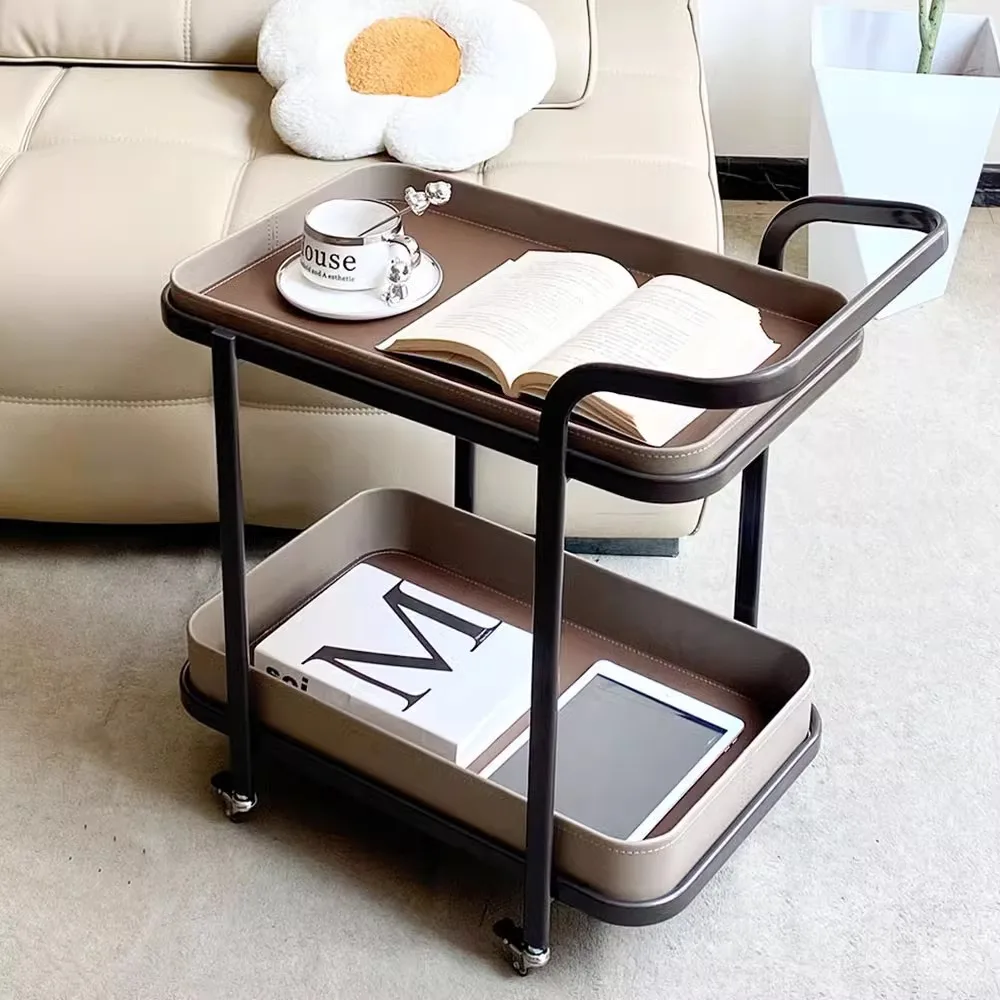 Italian light luxury removable saddle leather sofa edge few trolleys with wheels living room household stainless steel