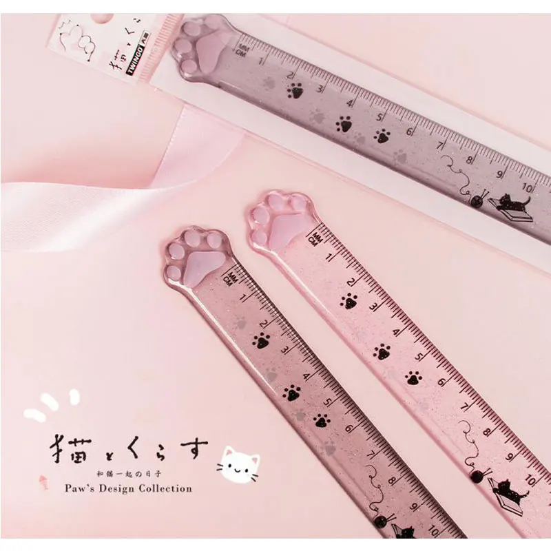 Student Prize Cute Cat Paw Plastic Straight Rulers Kawaii Kitty Rulers Funny Drawing Gift Korean Office School Measuring Drawing