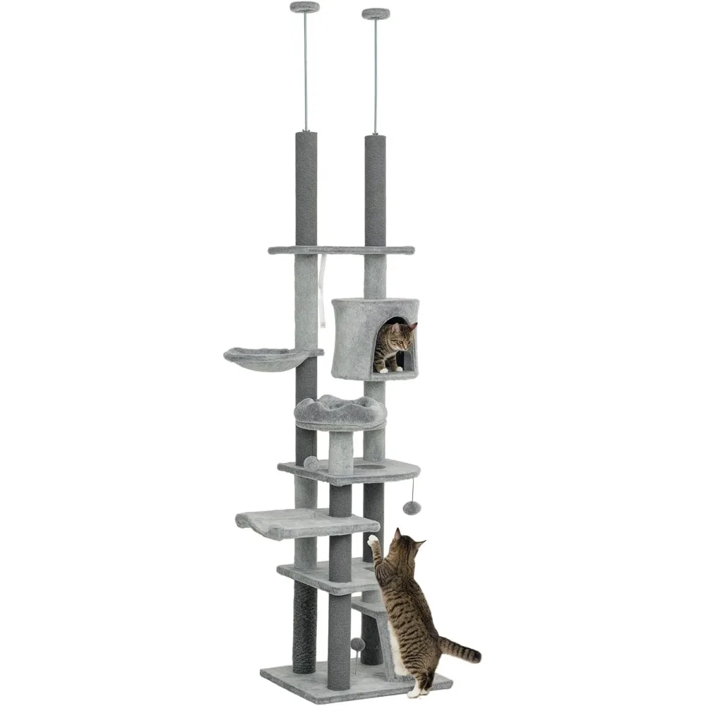 

PawHut Floor to Ceiling Cat Tree, 89"-100" Adjustable Height Cat Climbing Tower Activity Center for Indoor Cats with Cat Perch,