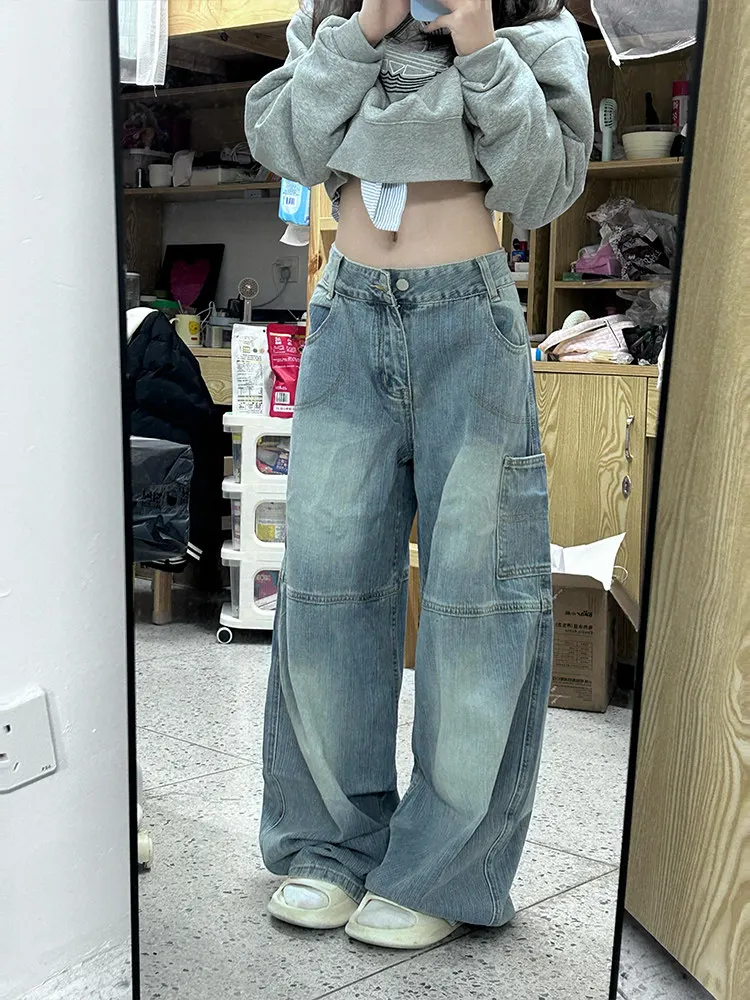 American Retro High Street Knife  Denim Jeans Women's Letter Print Large Size Loose Wide Leg Workwear Long Trousers