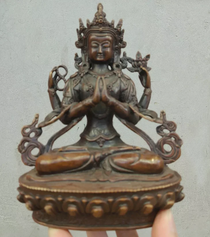 

8" Buddhism old Handcarved bronze statue Buddha Four-armed Guanyin Wish U Wealth