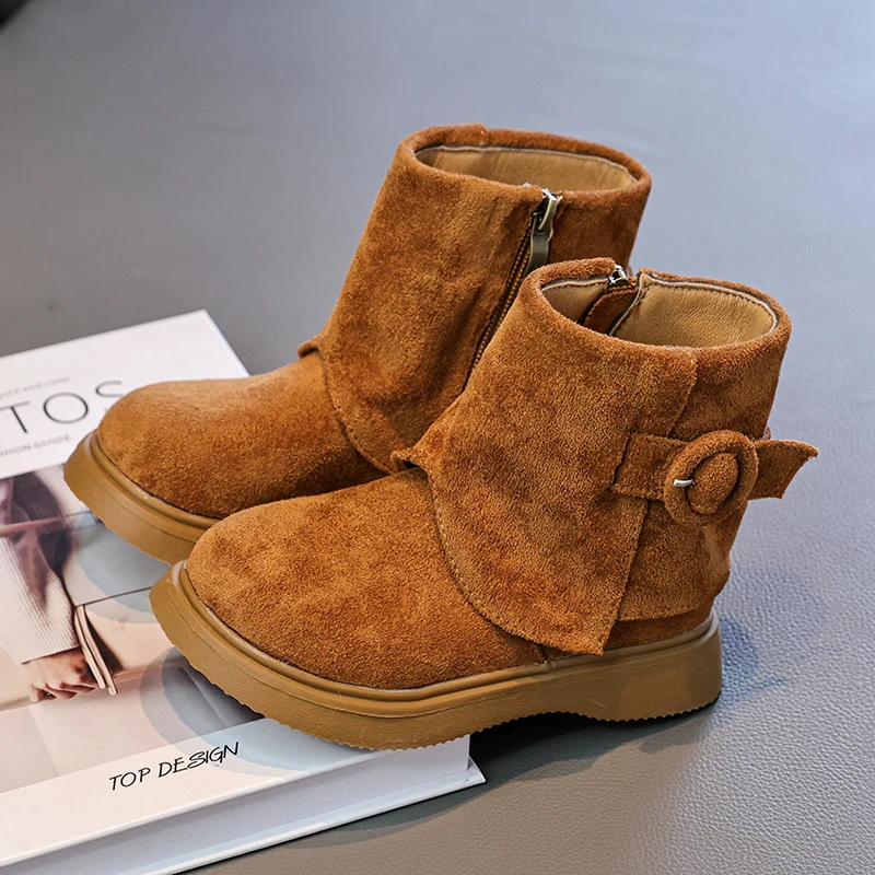 

Girls Retro Plush Boots Winter Non-slip Moccasins Kids Causal Ankle Boots Simple Thick Bottom Children's Fashion Cotton Boots