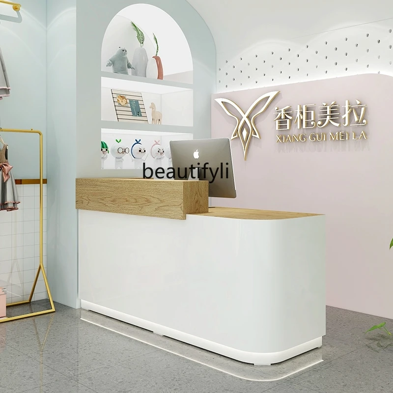 Simple modern clothing store, milk tea shop, barber shop, curved bar table, baking paint, reception desk