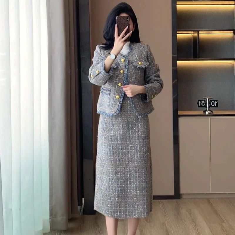 2025 ใหม่ชุดกระโปรงเสื้อผ้าผู้หญิง Tweed ภาษาฝรั่งเศสคํา Socialite Elegant Woolen สั้นเสื้อ + กระโปรง 2 ชิ้นชุดหญิง office lady