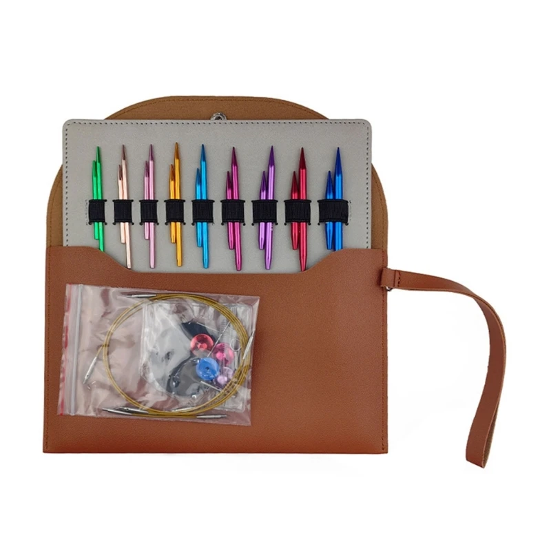 

9Pairs Aluminum Interchangeable Circular Knitting Needle Set 3.0mm-6.0mm with Leather Case for Knitting Weaving Sweater Y5GA