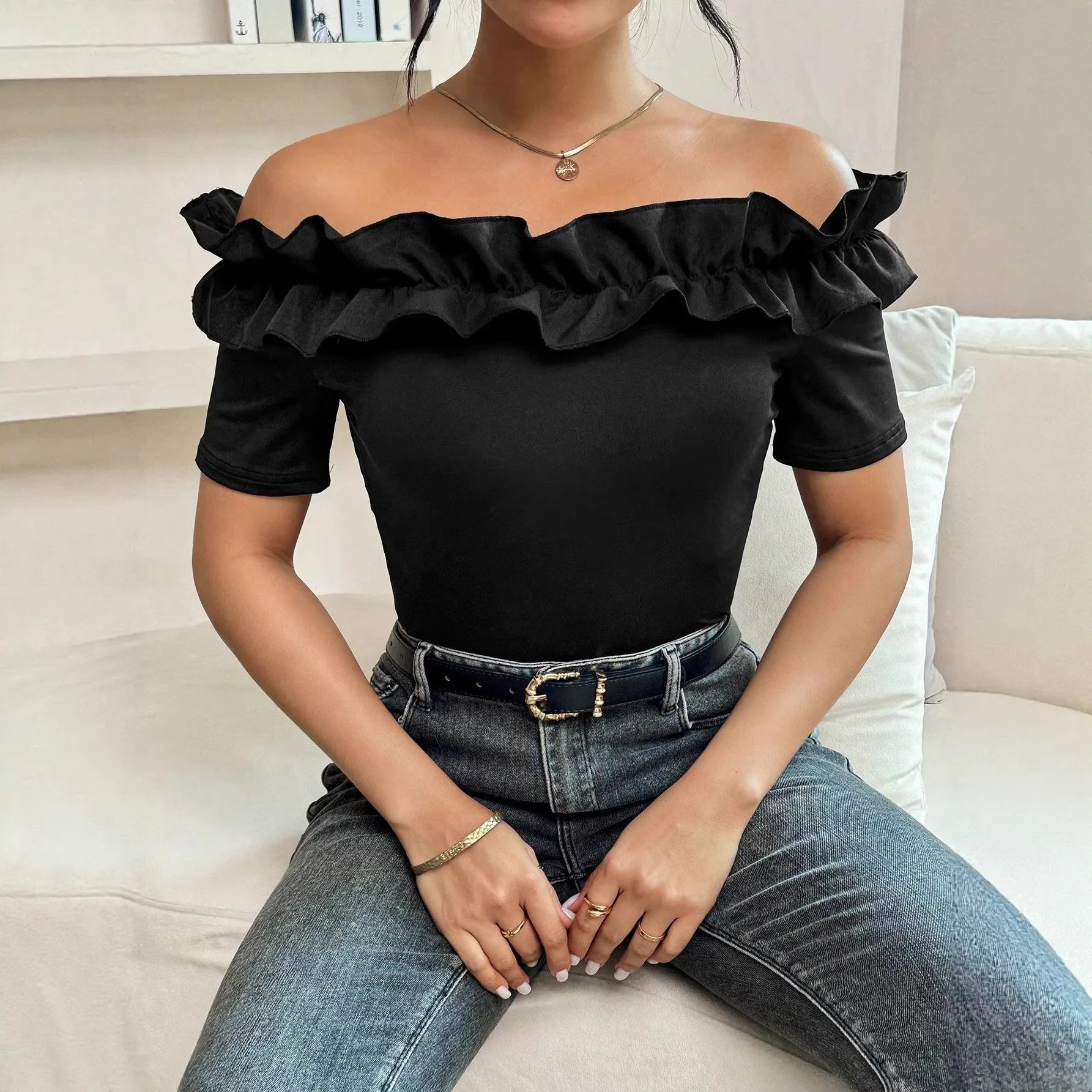 

Sexy Spice Girl Solid Color Shoulder Short Sleeve Lace Collar T-Shirt Off-Shoulder Slim Top Women