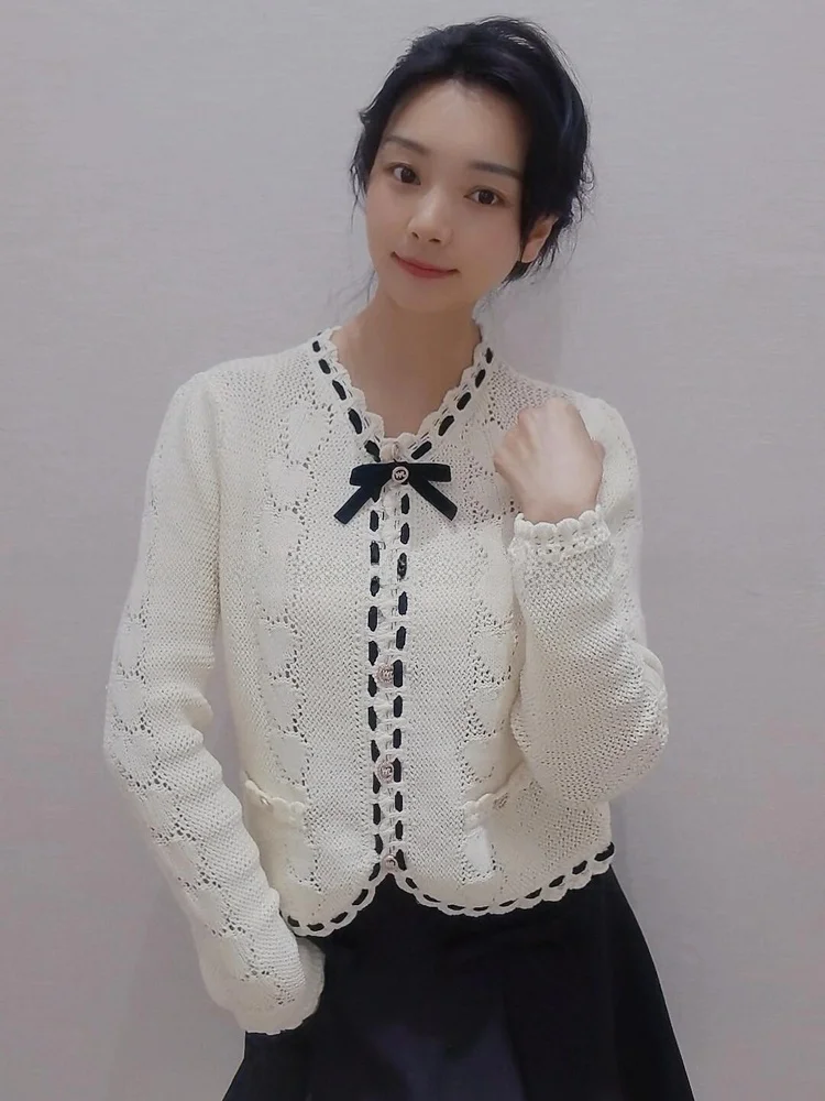 

Soft Knitted Open Cardigan with Knot Hollow out Stitching Korean Sle Versatile Design Autumn New Arrival Women's ...