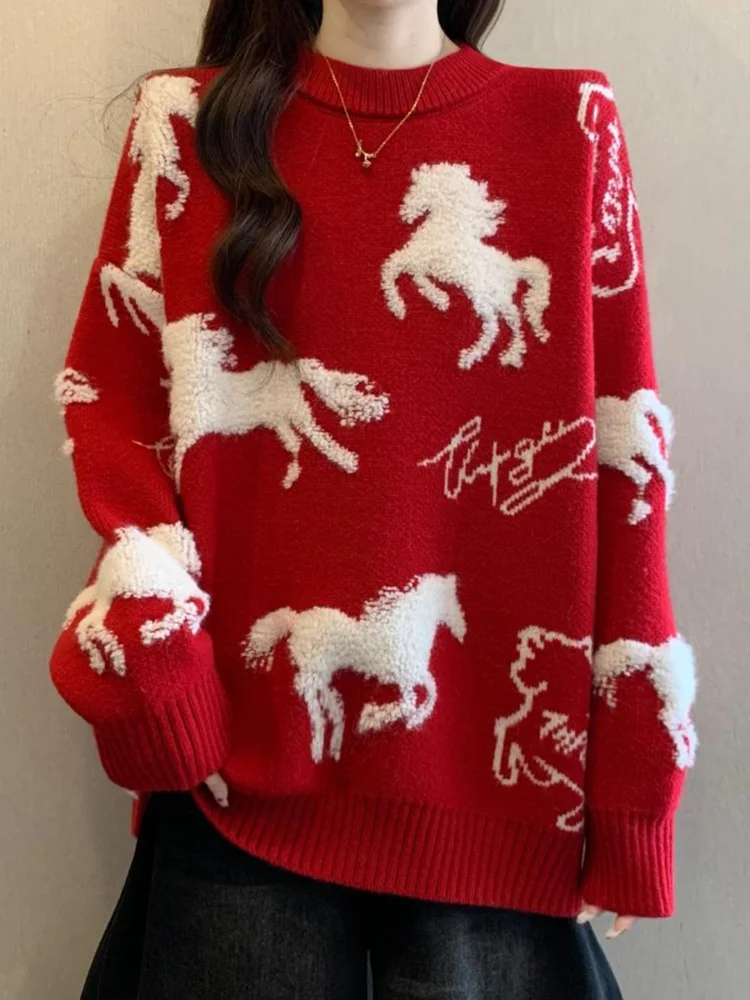 

Новогодний вязаный свитер, женский зимний новый уникальный красный топ, круглый трикотаж на голову, облегающий крой