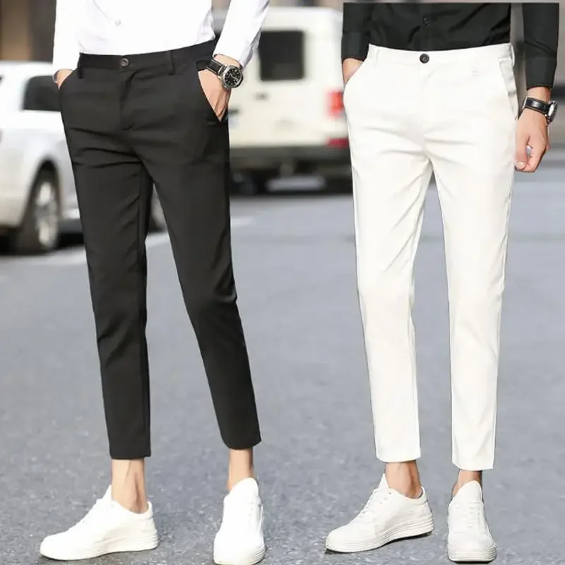 Stretch Slim Fit Social Tailoring Men\'s Summer PantsElastic 9 Cropped Business Tressed High Quality Slacks Male Suit Trousers