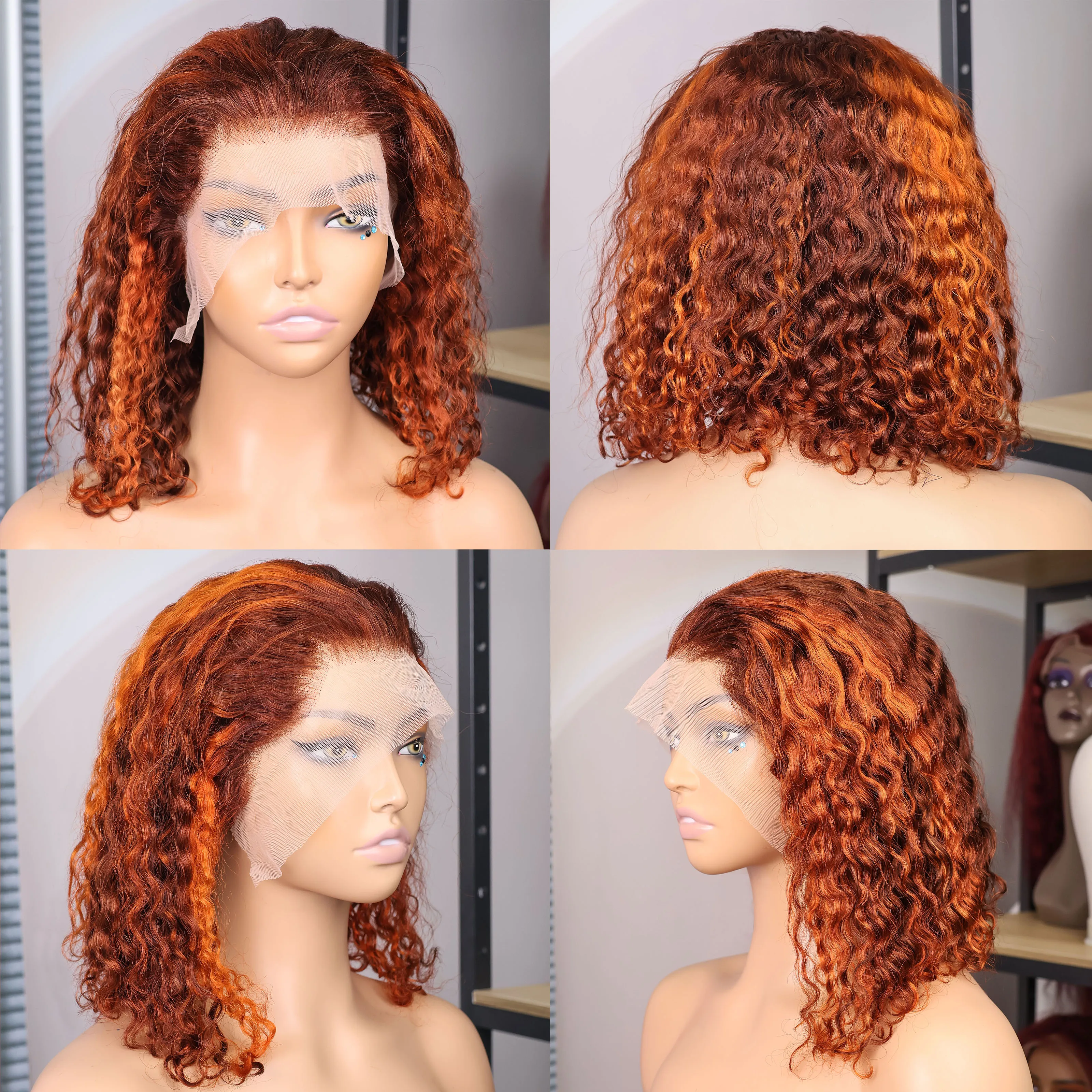 شعر مستعار بوب مجعد شعر بشري كثافة 200% # 4/350 13x4 أومبير الزنجبيل موجة عميقة قصيرة بوب شعر مستعار الدانتيل أمامي باروكة من شعر طبيعي للنساء