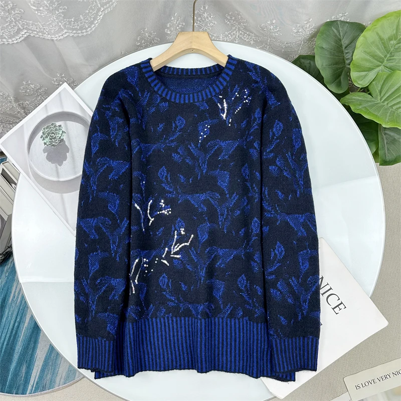 

Ретро-этнический свободный вязаный свитер с блестками для женщин, с круглым вырезом, в повседневном стиле, с длинными рукавами, с цветочным узором