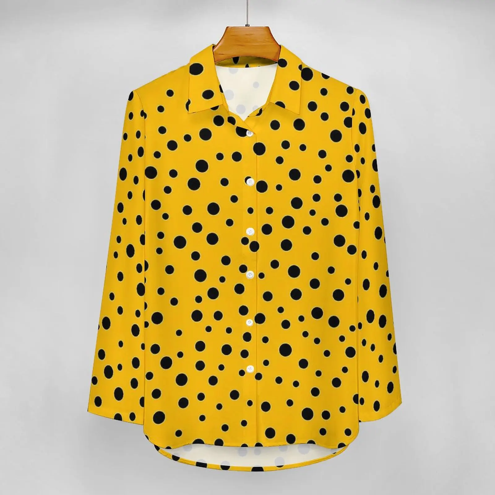 Yellow And Black Polka Dots Casual Blouse Long Sleeve  Modern Blouses Woman Streetwear Oversize Shirt Design Top Gift