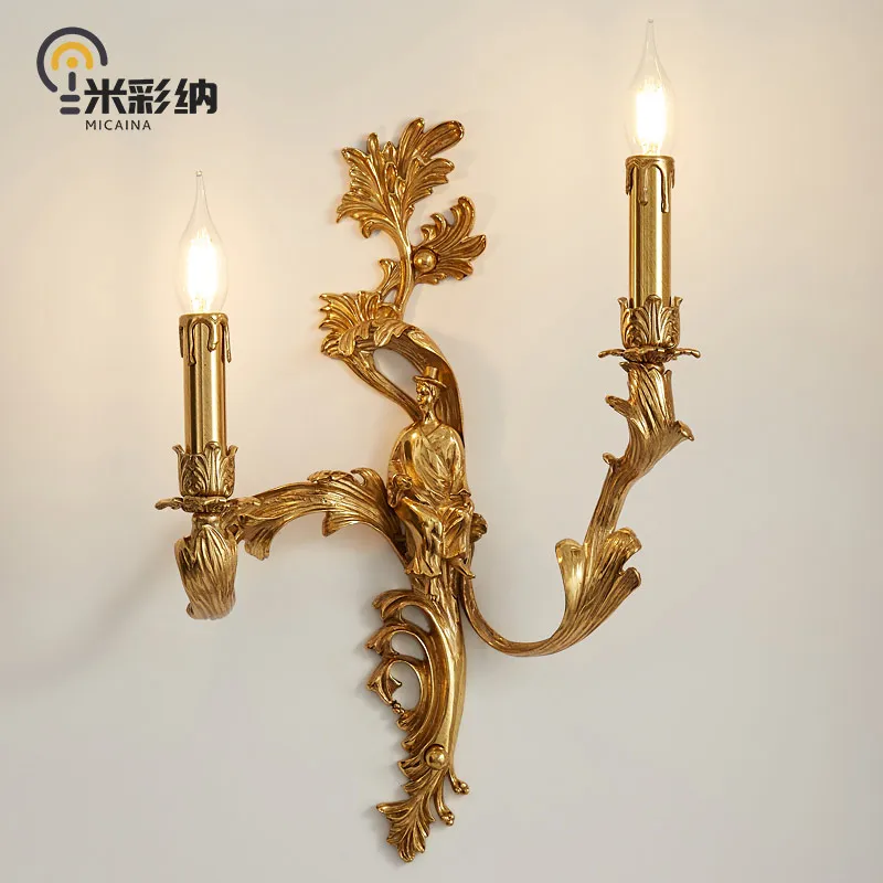 

French wall lamp luxury retro European villa living room study bedroom bedside lamp simple light luxury full copper wall lamp