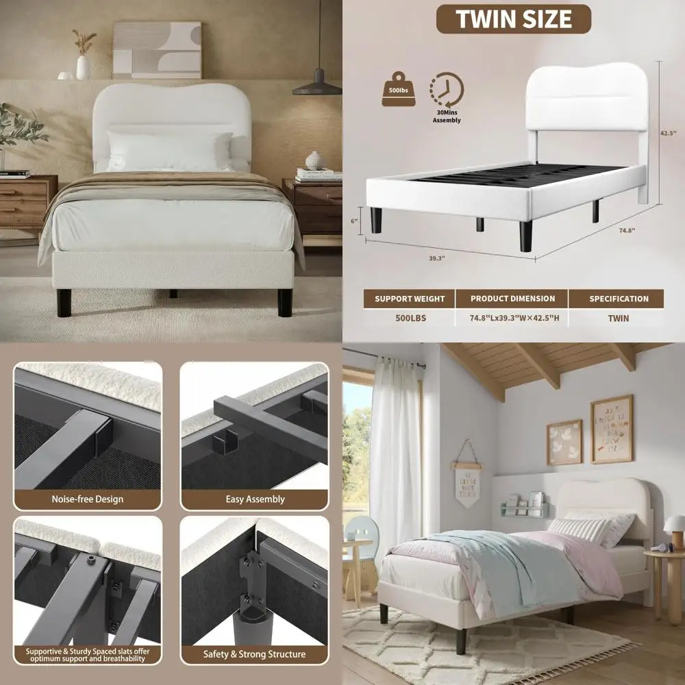 إطار سرير منجد مزدوج الحجم مع لوح رأسي، قماش بوكل ناعم، شكل سحابة مارشميلو، سرير مزدوج مريح وأنيق Fr