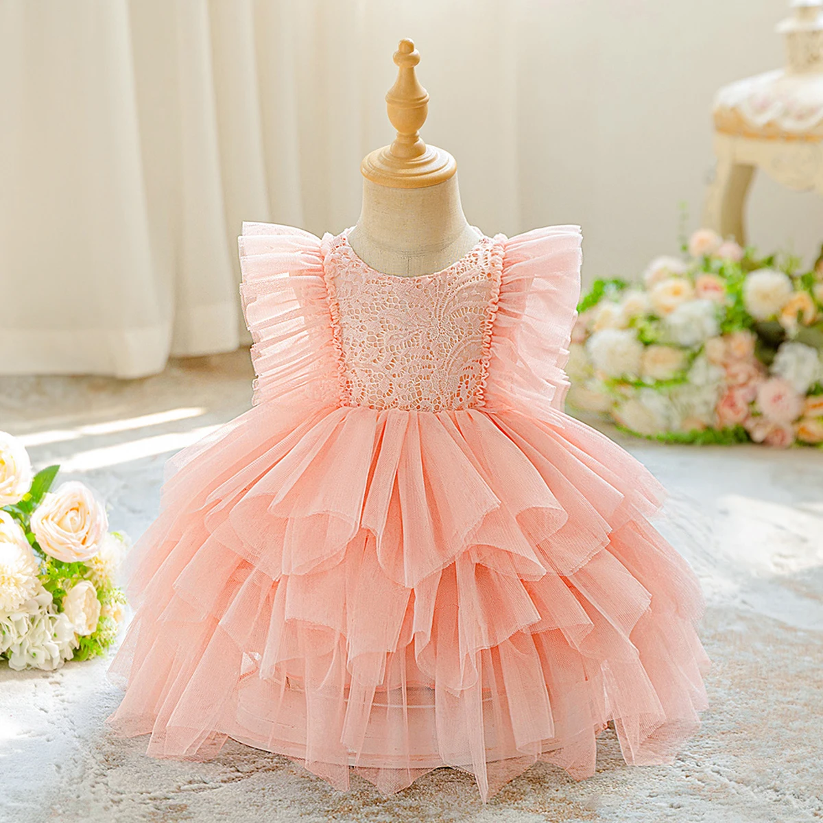 

Fly Sleeves Party Baby Girls Dress Elegant Lace Wedding 1st Birthday Bridesmaids Prom Dress Toddler Flower Baptism Girls Costume