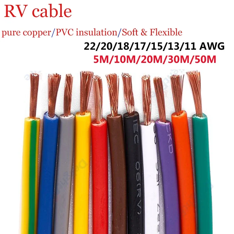 RV Copper Wire 22 20 18 15 13 11 AWG PVC Multi-Strand Flexible Cables for Auto Car Audio Speaker Battery 12v LED Electronics DIY