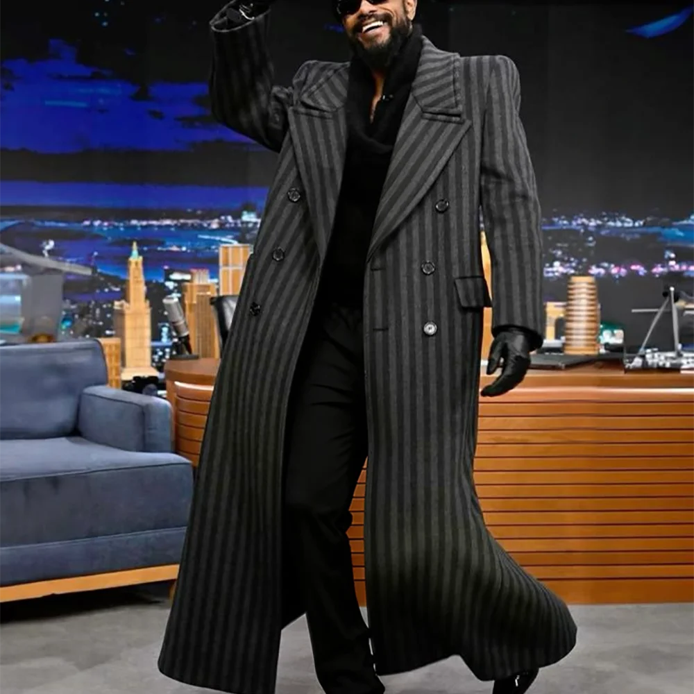 

Классические полосатые костюмы, пиджак для мужчин, модное повседневное двубортное длинное пальто с остроконечными лацканами, осенняя верхняя одежда, только куртка