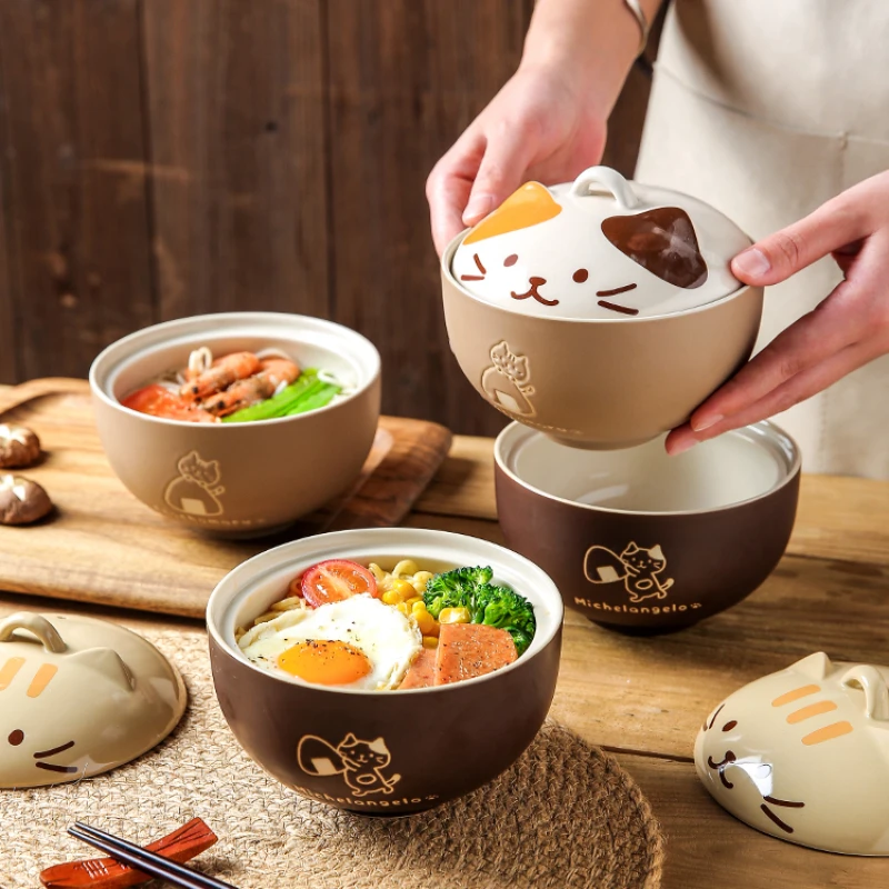 

Japanese Cute Cat Cover Bowl Ceramic Soup Bowl Kawaii Instant Noodle Ramen Salad Baby Bowls Child Cartoon Decorative Dinnerware