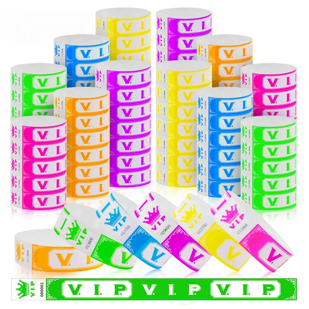 100 Pcs Disposable VIP Wristbands Waterproof Fluorescent Identification Bracelets Self-Adhesive Wrist Bands for Festivals Events
