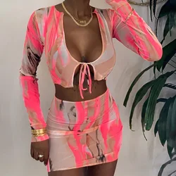 Mesh See Through Hot Sexy Women Matching Sets Bandage Long Sleeve Bodycon Club two Piece Outfits Crop Top And Skirt Set