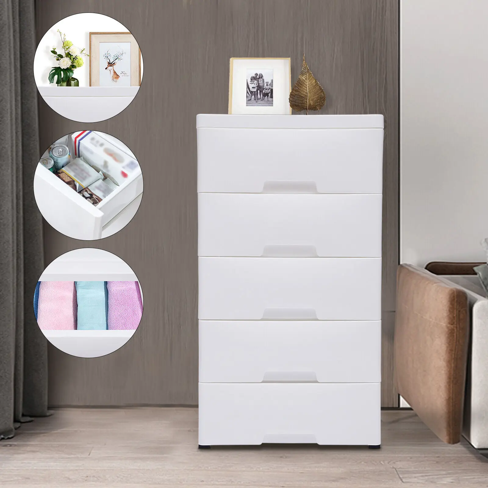 Modern Bedroom Storage Cabinet with 5 Drawers Plastic Stackable Tower White Vertical Dresser for Clothes Wardrobe Closet