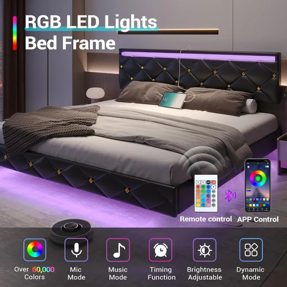 Cadre de lit King Size flottant avec lumières LED et ports USB, plateforme en similicuir, facile à assembler, planche de sauna