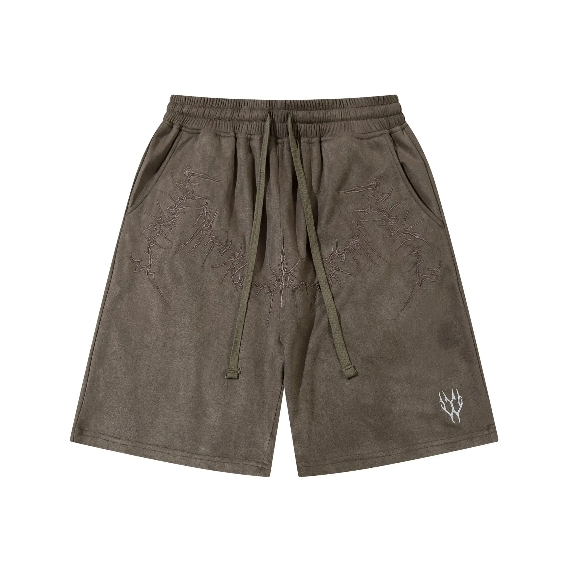 Men's Gothic Embroidered Shorts Dark Streetwear Drawstring Waist Loose Casual Summer Shorts with Thorns Print Short Pants