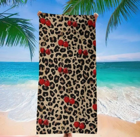 Toalla de Playa Extra Grande con Estampado de Cerezas y Leopardo, de Fibra Ultrafina, Secado Rápido, Antiarena, Absorbente, Ligera y Portátil para Viajes
