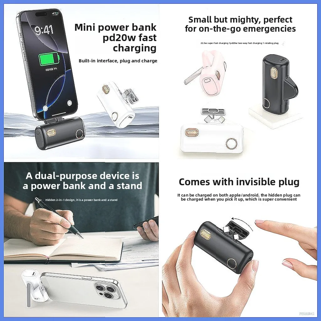 

Портативный внешний аккумулятор 5000 мАч с сертификацией 3C, быстрая зарядка 20 Вт PD с кабелем и держателем, дизайн-капсула