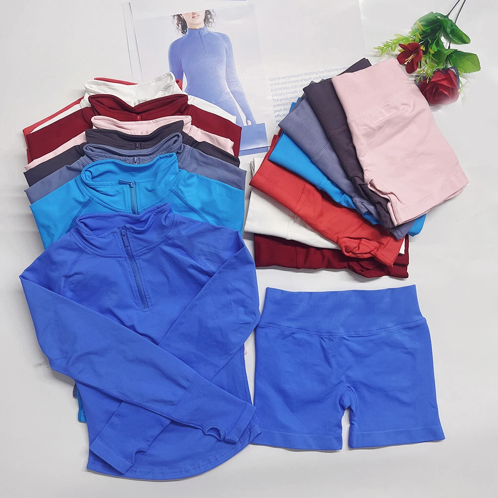 Half Zippy Gym Top Shorts Running Shirt Women Yoga Outfits Long Sleeve Sports Clothing Gym Fitness Workout Shorts Set