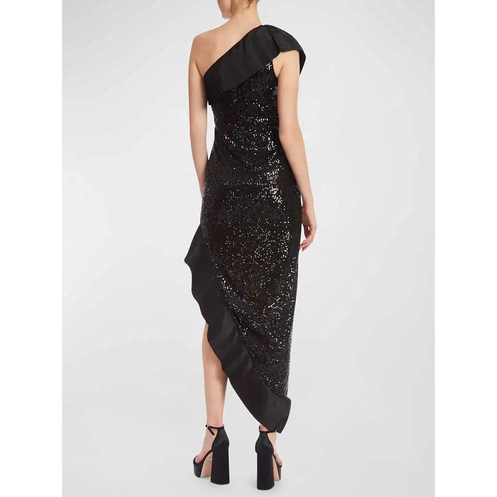 YUMDI Black Glitter Sequin Single Rotator Sleeve Evening Dress Irregular Mom Mid-length Informal Dress 2023 Elegant Party Gown