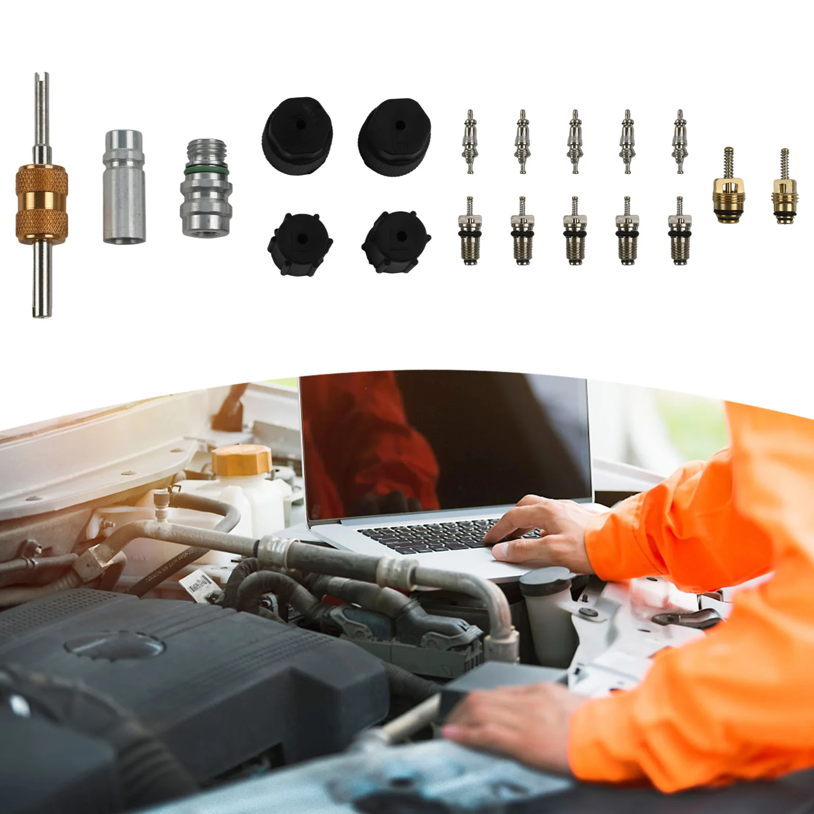 

Reliable 19PC Air Conditioning Valve Core Kit with Leak Prevention Features for For R134a and R12 Applications