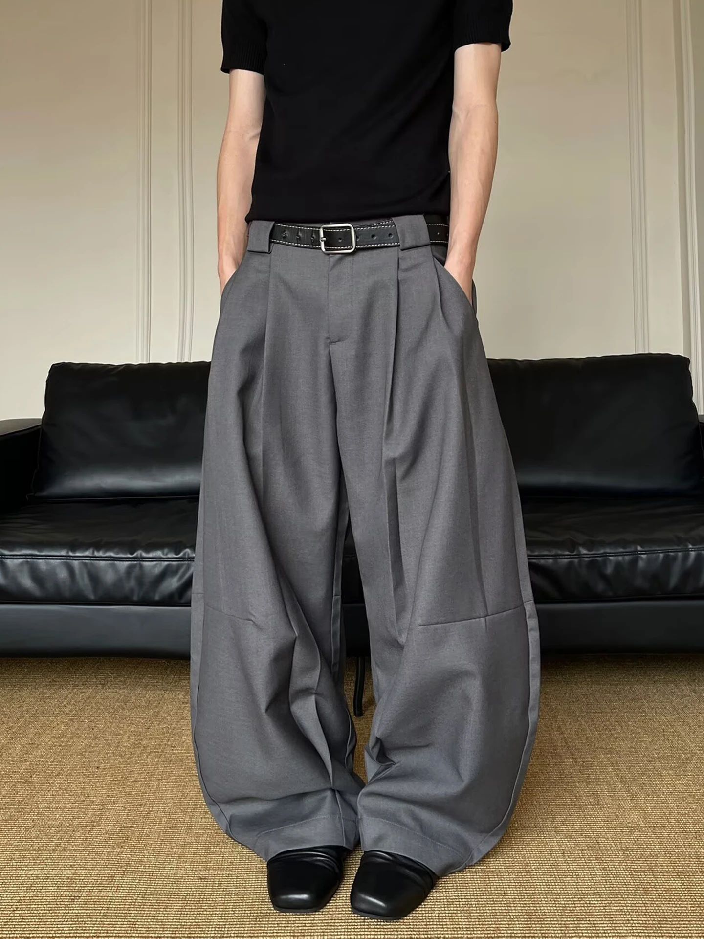 

Double Pleat Design Lazy Drapey Men's Spring Autumn American Retro Bent Knife Wide Leg Pants Loose Fit Casual Trousers