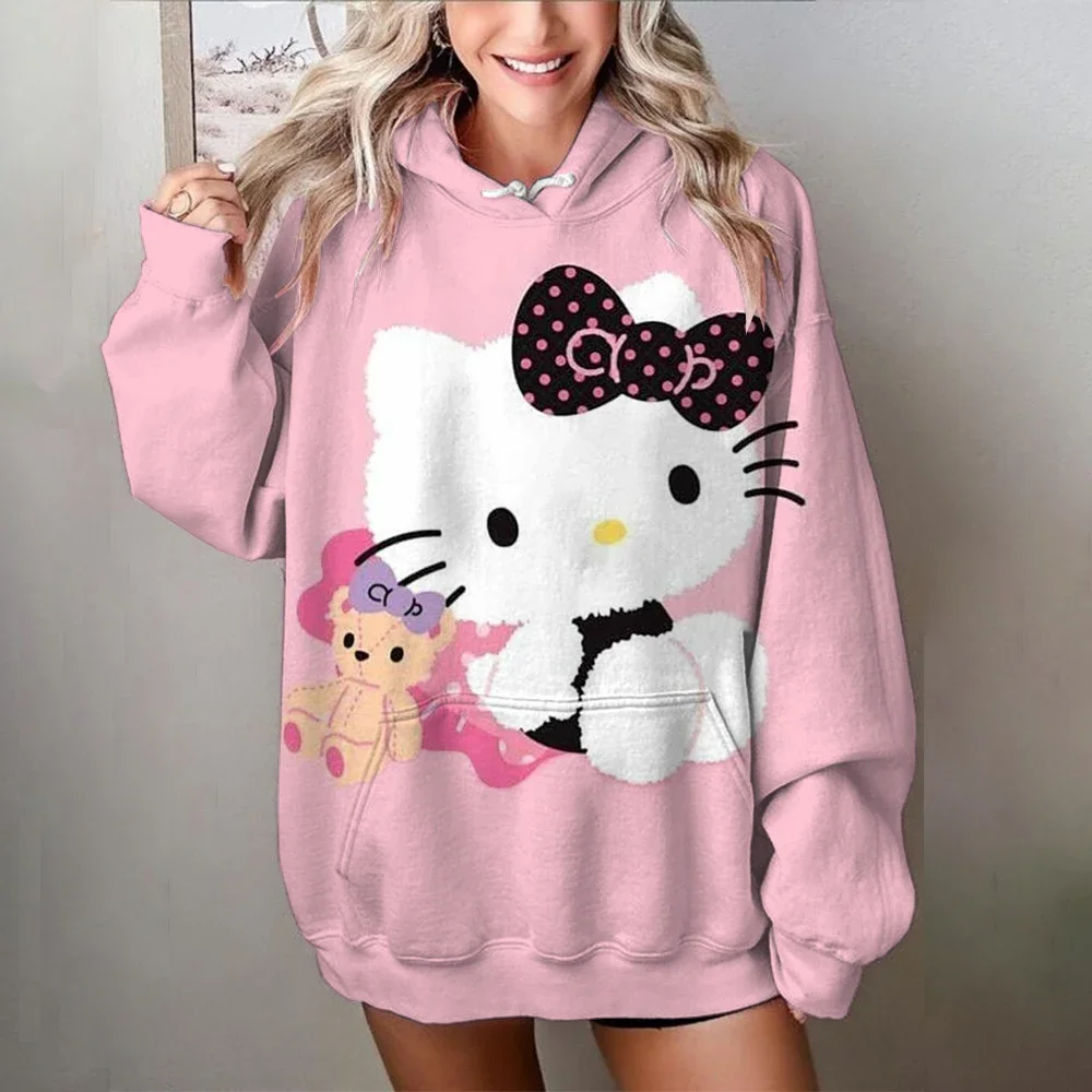

Hello Kitty красочная модная толстовка с капюшоном женская розовая Y2K модная толстовка Harajuku свободный пуловер женская уличная толстовка